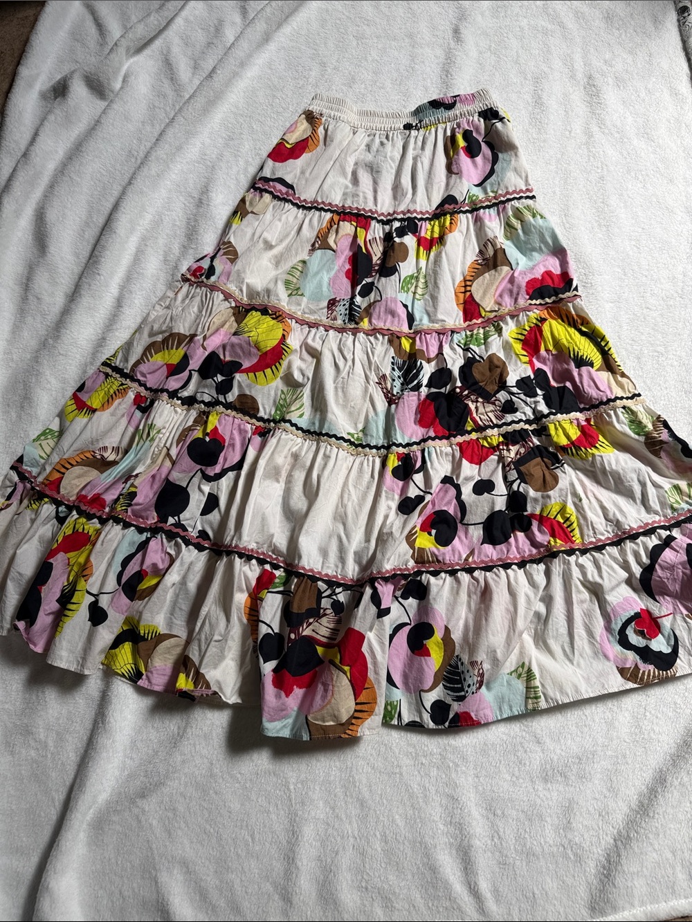 Zara Cream Tiered Maxi Skirt with Pink, Yellow & Black Floral Motif